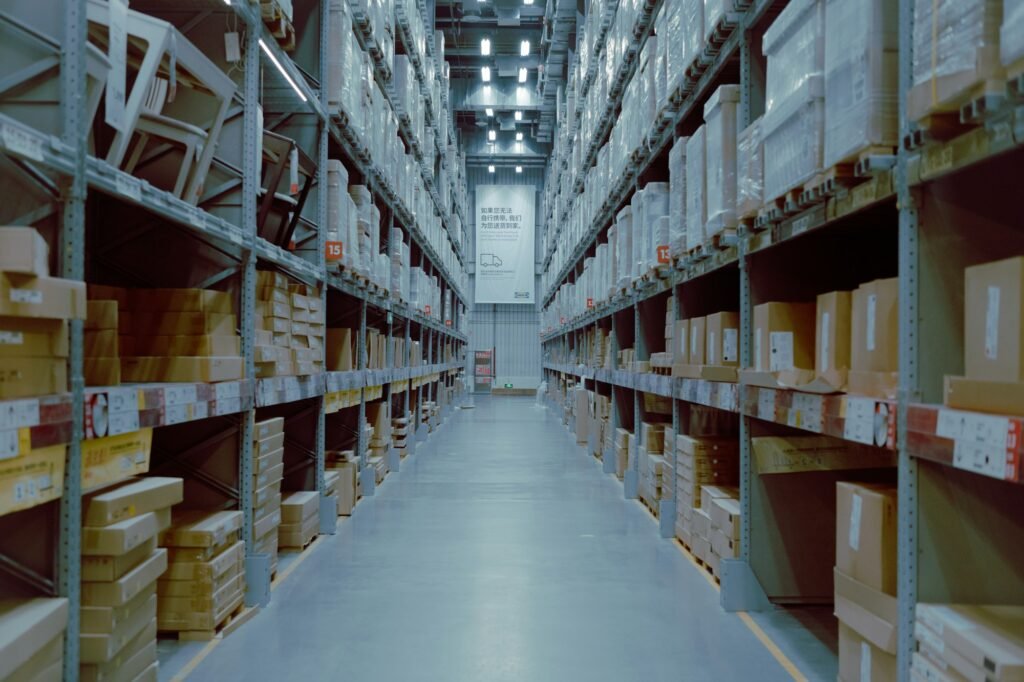 Warehouse aisle with stocked shelves
